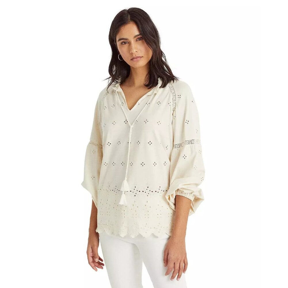 Ralph Lauren Womens Eyelet Peasant Blouse Medium Cotton Top Ivory